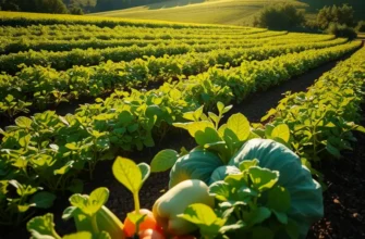 A scenic organic field vibrant with vegetables and fruits under soft sunlight.