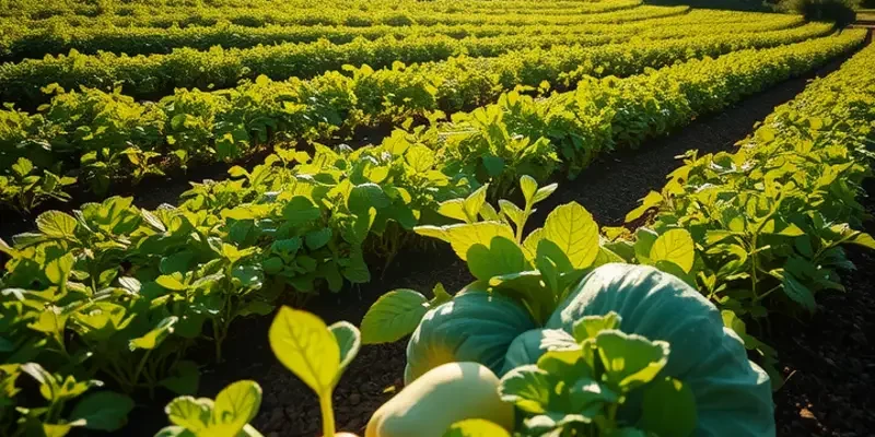 A scenic organic field vibrant with vegetables and fruits under soft sunlight.