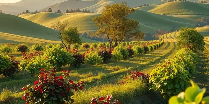 A picturesque scene of an organic produce field filled with colorful vegetables and fruits, representing sustainability.