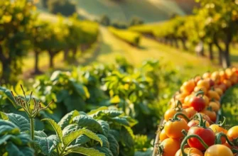 A scenic view of a field filled with organic vegetables and fruits under sunlight.