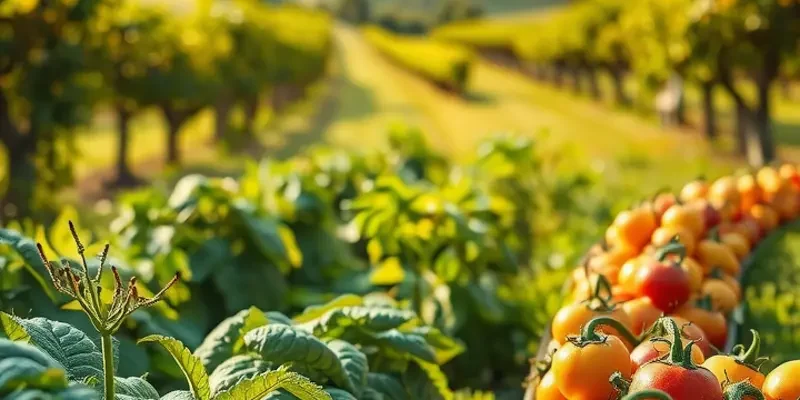 A scenic view of a field filled with organic vegetables and fruits under sunlight.