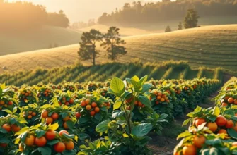 Sunlit orchard with an abundance of organic fruits and vegetables growing in a natural landscape.