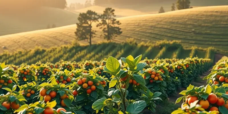 Sunlit orchard with an abundance of organic fruits and vegetables growing in a natural landscape.