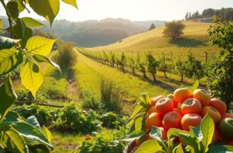 A scenic view of an organic produce field with vibrant vegetables and fruits under the sun.