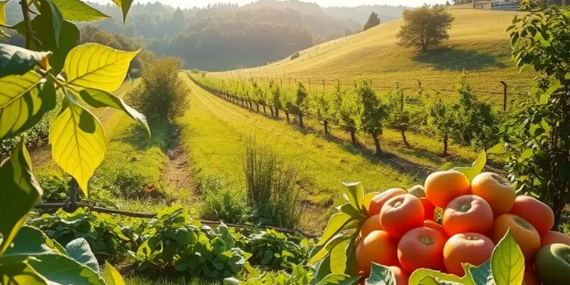 A scenic view of an organic produce field with vibrant vegetables and fruits under the sun.
