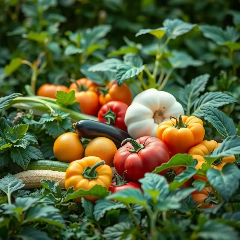 A vibrant orchard filled with fresh vegetables and fruits, illustrating organic abundance.