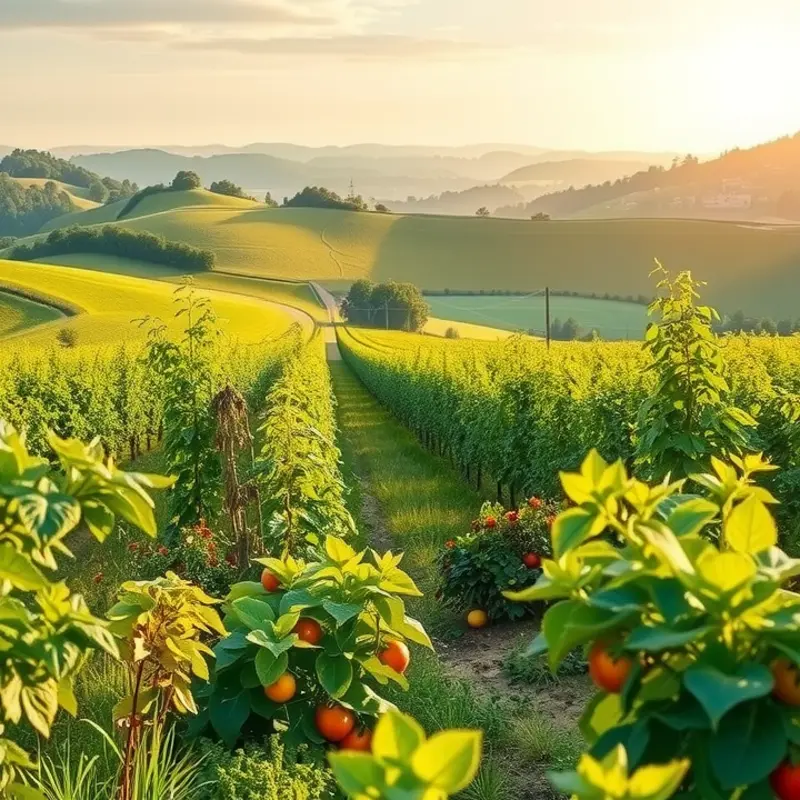 A vibrant sunlit field showcasing the beauty of organic fruits and vegetables.
