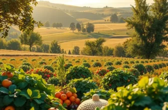 A landscape of an organic orchard filled with various fresh fruits and vegetables under sunlight.