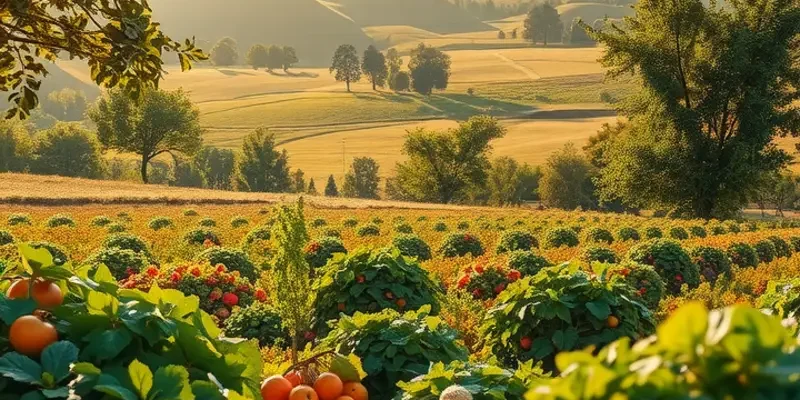 A landscape of an organic orchard filled with various fresh fruits and vegetables under sunlight.
