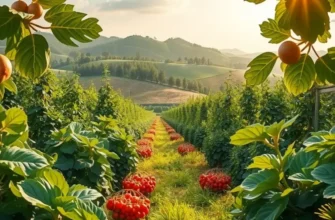 Photorealistic image of a vibrant orchard filled with organic fruits and vegetables in a sunny setting.