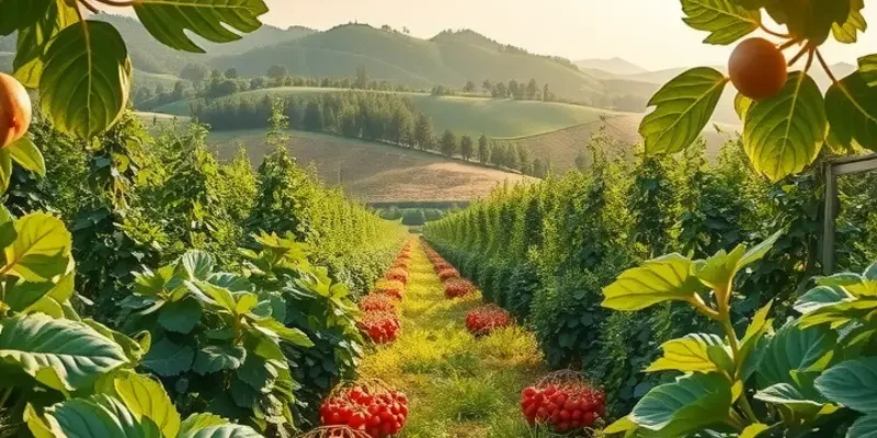 Photorealistic image of a vibrant orchard filled with organic fruits and vegetables in a sunny setting.
