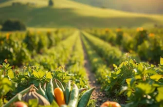 A scenic view depicting a harvest of fresh vegetables and fruits amidst a vibrant, natural landscape.