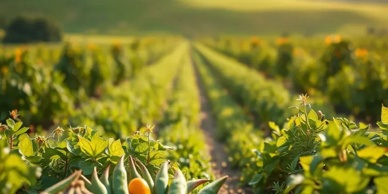 A scenic view depicting a harvest of fresh vegetables and fruits amidst a vibrant, natural landscape.