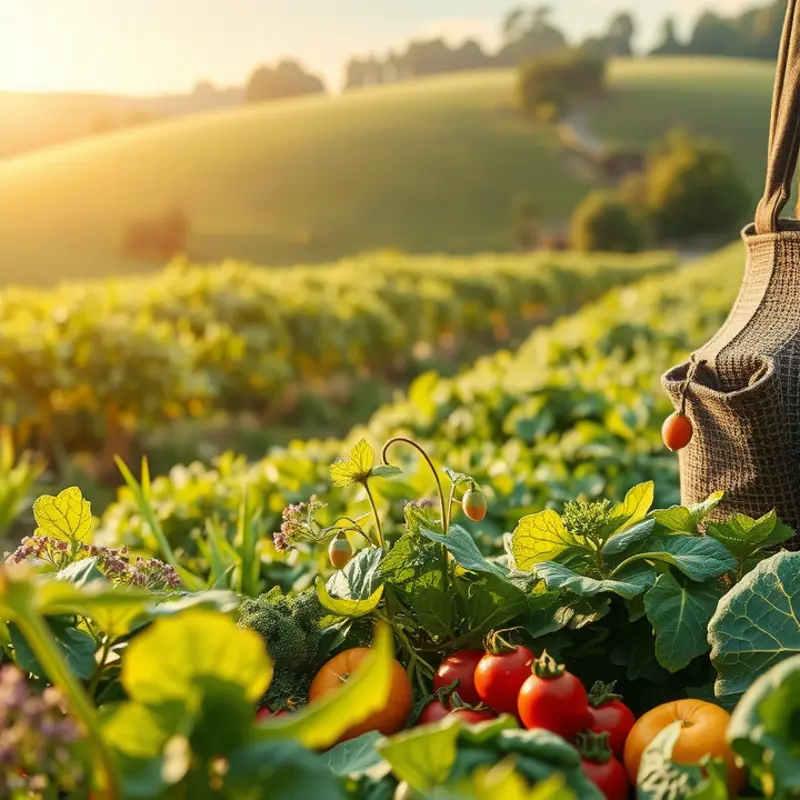 A lush, sunlit field filled with vibrant fruits and vegetables.