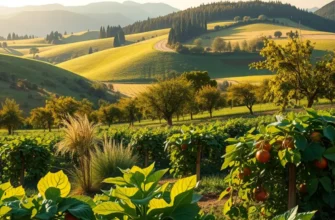 A beautiful landscape showcasing an abundance of organic fruits and vegetables in a lush setting