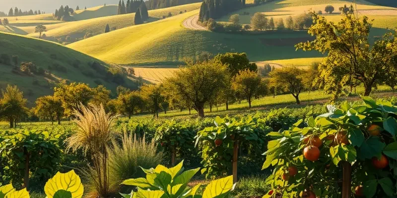 A beautiful landscape showcasing an abundance of organic fruits and vegetables in a lush setting