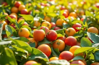 A stunning landscape of a sunlit field filled with healthy organic fruits and vegetables.