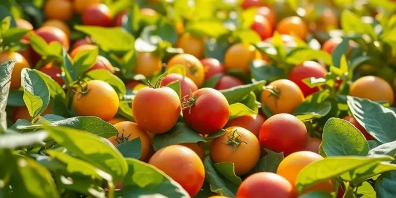 A stunning landscape of a sunlit field filled with healthy organic fruits and vegetables.