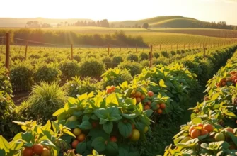 Scenic view of a sunlit field filled with vibrant fruits and vegetables, promoting healthy eating.