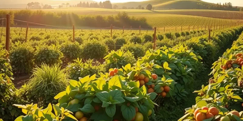 Scenic view of a sunlit field filled with vibrant fruits and vegetables, promoting healthy eating.