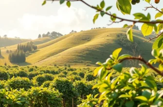 A photorealistic landscape depicting vibrant organic fruits and vegetables in a lush, green environment.