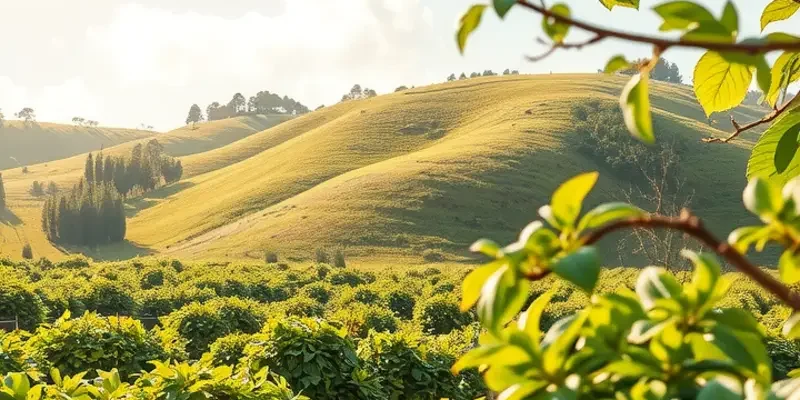 A photorealistic landscape depicting vibrant organic fruits and vegetables in a lush, green environment.