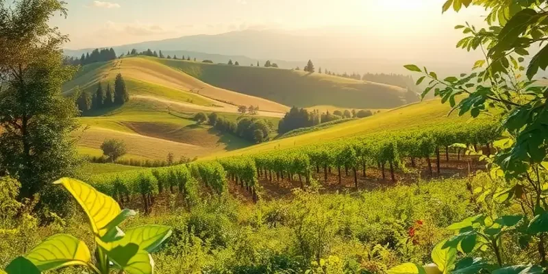 A picturesque landscape featuring vibrant vegetables and fruits in a sunlit field.