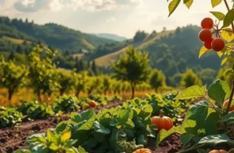 A natural landscape showcasing vibrant fruits and vegetables in a sunlit field.