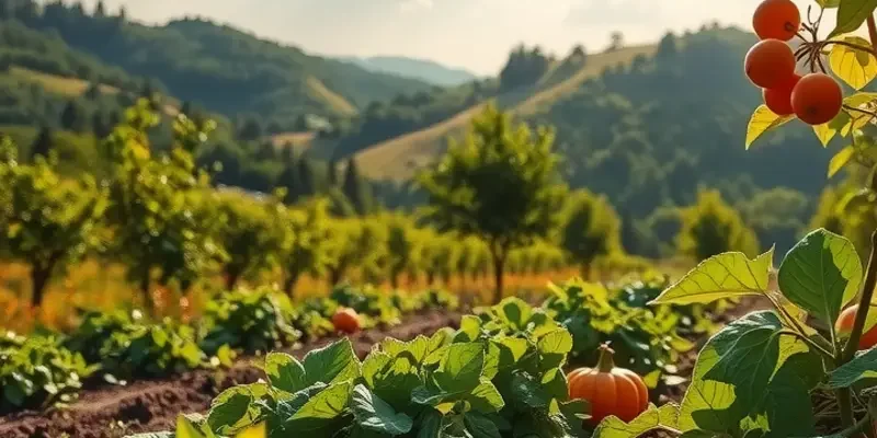 A natural landscape showcasing vibrant fruits and vegetables in a sunlit field.