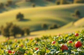 A photorealistic view of a landscape filled with organic vegetables and fruits under natural sunlight.