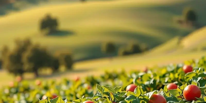 A photorealistic view of a landscape filled with organic vegetables and fruits under natural sunlight.