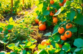 A beautiful landscape filled with vibrant organic fruits and vegetables under natural sunlight.