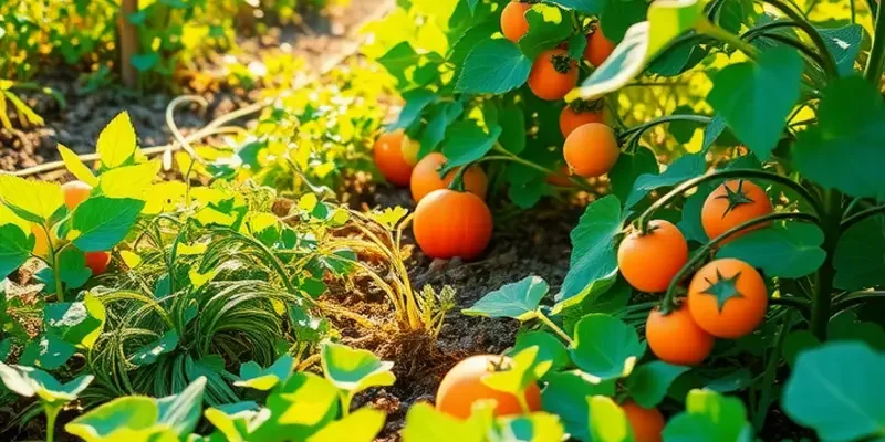 A beautiful landscape filled with vibrant organic fruits and vegetables under natural sunlight.