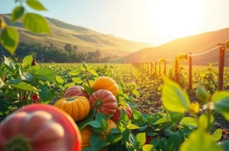 A stunning view of an organic produce landscape filled with colorful fruits and vegetables in a serene setting.