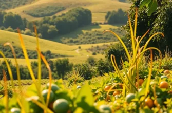 A vibrant landscape showcasing a field of organic fruits and vegetables under warm sunlight.