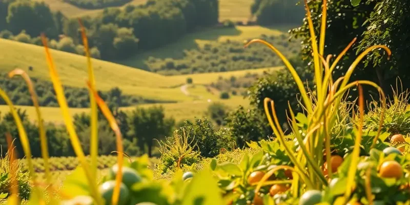 A vibrant landscape showcasing a field of organic fruits and vegetables under warm sunlight.