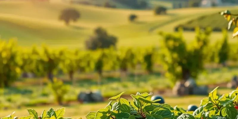 A lush, green orchard filled with colorful fruits and vegetables growing naturally.