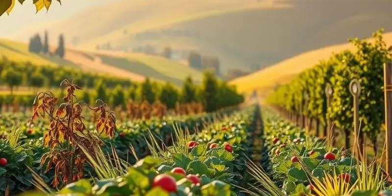 A scenic view of a lush organic landscape filled with colorful fruits and vegetables, highlighting the beauty of nature.