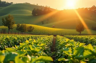 A beautiful, natural landscape filled with colorful organic vegetables and fruits under a sunlit sky.