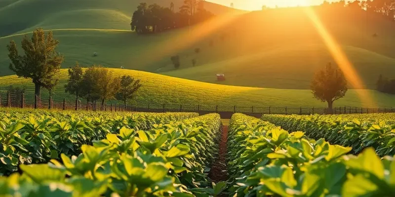 A beautiful, natural landscape filled with colorful organic vegetables and fruits under a sunlit sky.