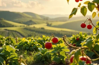 A beautiful natural scene showcasing a variety of organic fruits and vegetables in a sunny field.