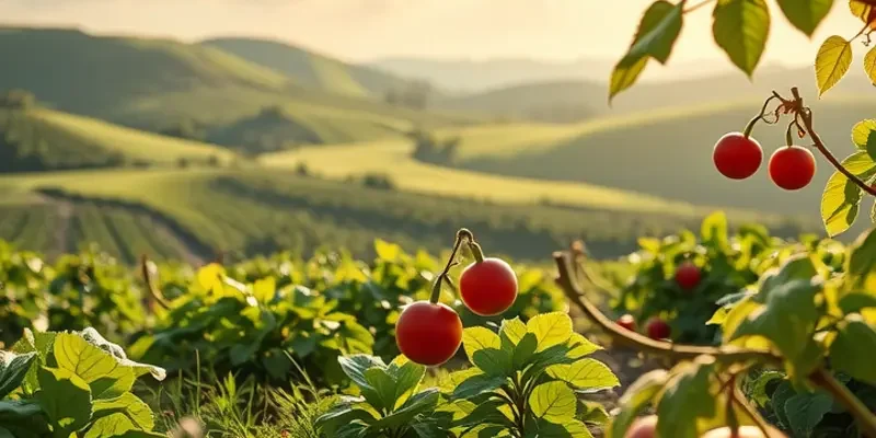 A beautiful natural scene showcasing a variety of organic fruits and vegetables in a sunny field.