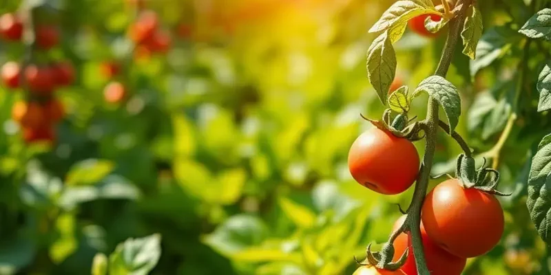 A scenic landscape showcasing fresh vegetables and fruits growing in abundance in a sunlit natural setting.