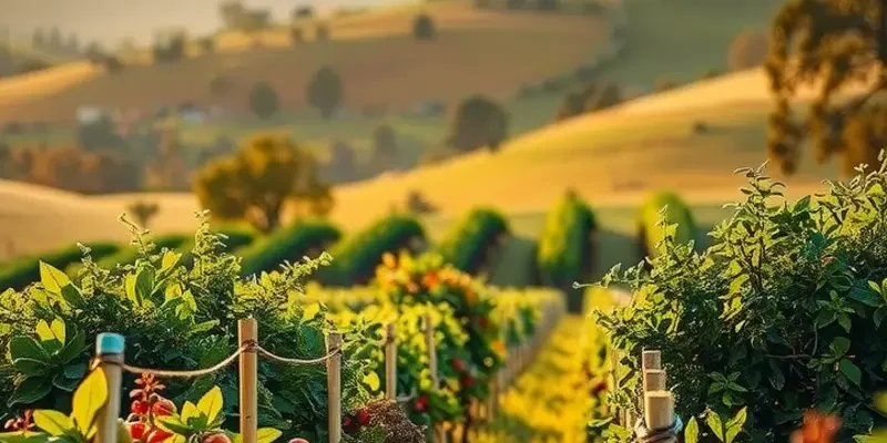 A vibrant landscape with an abundance of organic fruits and vegetables, illustrating healthy eating.