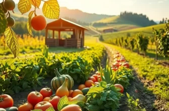 A peaceful field filled with organic vegetables and fruits under soft sunlight.