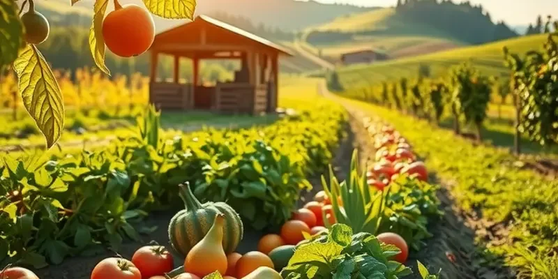 A peaceful field filled with organic vegetables and fruits under soft sunlight.