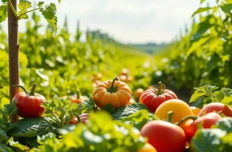 A beautiful landscape featuring a variety of organic vegetables and fruits amidst lush greenery, symbolizing healthy nutrition.