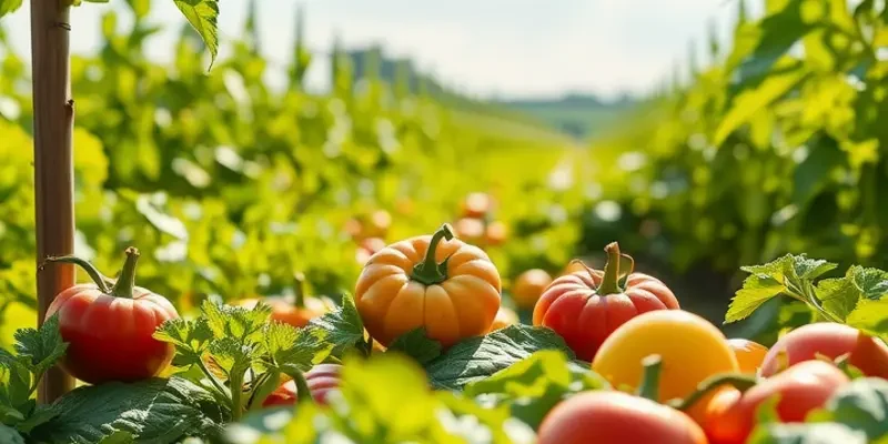 A beautiful landscape featuring a variety of organic vegetables and fruits amidst lush greenery, symbolizing healthy nutrition.