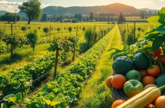 A panoramic view of vibrant organic vegetables and fruits growing in a sunlit field.