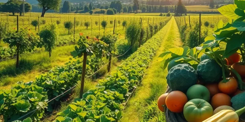A panoramic view of vibrant organic vegetables and fruits growing in a sunlit field.